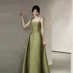 Simple A Line Straps Dark Green Satin Prom Dresses