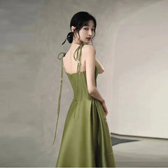 Simple A Line Straps Dark Green Satin Prom Dresses