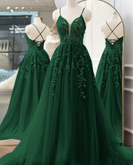 Spaghetti rem grønne prom kjoler blonder applikation en linje elegant prom kjole pageant kjoler til kvinder