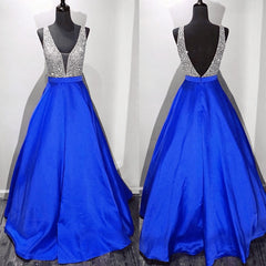 New Arrival Prom Dresses, Modest Prom Dresses, Long Satin V Neck Royal Blue Prom Dresses, Ball Gowns 2025