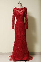 Elegant Long Sleeves Red Lace Mermaid Prom Dresses, 2025 Party Dresses, Evening Dresses, 2025