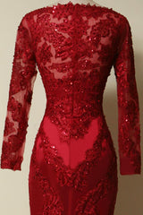 Elegant Long Sleeves Red Lace Mermaid Prom Dresses, 2025 Party Dresses, Evening Dresses, 2025