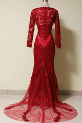 Elegant Long Sleeves Red Lace Mermaid Prom Dresses, 2025 Party Dresses, Evening Dresses, 2025