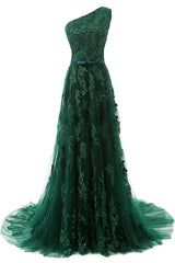 Forest Green Lace Appliques Tulle Floor Length Prom Dresses, Featuring One Shoulder Bodice With Bow Accent Belt