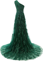 Forest Green Lace Appliques Tulle Floor Length Prom Dresses, Featuring One Shoulder Bodice With Bow Accent Belt