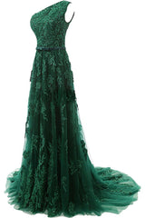 Forest Green Lace Appliques Tulle Floor Length Prom Dresses, Featuring One Shoulder Bodice With Bow Accent Belt