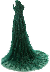 Forest Green Lace Appliques Tulle Floor Length Prom Dresses, Featuring One Shoulder Bodice With Bow Accent Belt