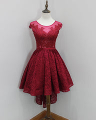 Burgundy High Low With Illusion Neckline Elegant Lace Strapless Rhinestones Prom Dresses