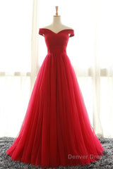 Off The Shoulder Red A Line Pleated Long Red Prom Dresses