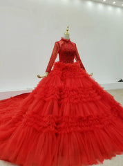 Prom Season Red Ball Gown Tulle Long Sleeve Beading Tiers Wedding Dresses With Long Train