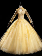 Purchase Your Favorite Gold Ball Gown Tulle Appliques Long Sleeve High Neck Quinceanera Dresses