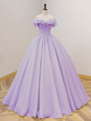 Purple A-Line Off Shoulder Long Prom Dresses, Purple Sweet 16 Dresses