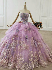 Purple Ball Gown Appliques Tulle 3D Flower Strapless Wedding Dress