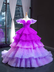 Purple Ball Gown Tulle V-neck Tiers Luxury Prom Dresses With Train