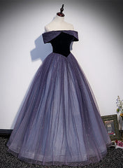 Purple Gradient Tulle Off Shoulder Long Party Dresses, A-line Purple Evening Dresses Prom Dresses