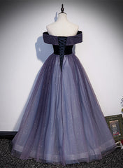 Purple Gradient Tulle Off Shoulder Long Party Dresses, A-line Purple Evening Dresses Prom Dresses