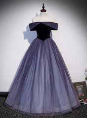 Purple Gradient Tulle Off Shoulder Long Party Dresses, A-line Purple Evening Dresses Prom Dresses