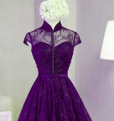 Purple Lace Knee Length Homecoming Dresses, Purple Lace Short Prom Dresses