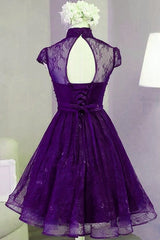 Purple Lace Knee Length Homecoming Dresses, Purple Lace Short Prom Dresses