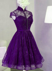 Purple Lace Knee Length Homecoming Dresses, Purple Lace Short Prom Dresses