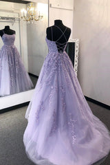 Purple Lace Long A-Line Prom Dresses, Spaghetti Strap Backless Evening Dresses