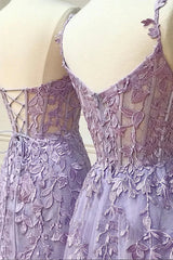 Purple Lace Long Prom Dresses, Lovely Purple Sweetheart Neckline Evening Dresses