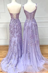 Purple Lace Long Prom Dresses, Lovely Purple Sweetheart Neckline Evening Dresses