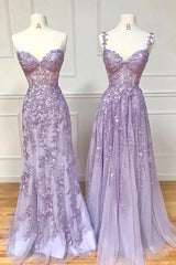 Purple Lace Long Prom Dresses, Lovely Purple Sweetheart Neckline Evening Dresses