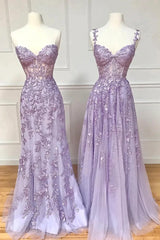 Purple Lace Long Prom Dresses, Lovely Purple Sweetheart Neckline Evening Dresses