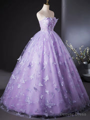 Purple Lace Strapless Floor Length Party Dress, Purple Lace Long Prom Dress