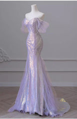 Purple Laser Sequin Beaded Mermaid Women Evening Dresses with Puff Sleeves Tassel Pearls Tulle Train Prom Gown