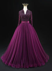 Purple Long Sleeve V-neck Backless Beading Prom Dress