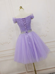 Purple Off Shoulder Tulle Sequin Prom Dresses Purple Puffy Homecoming Dresses