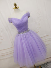 Purple Off Shoulder Tulle Sequin Prom Dresses Purple Puffy Homecoming Dresses