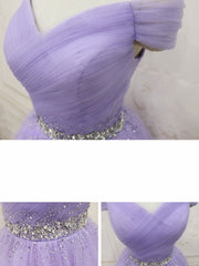 Purple Off Shoulder Tulle Sequin Prom Dresses Purple Puffy Homecoming Dresses