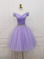 Purple Off Shoulder Tulle Sequin Prom Dresses Purple Puffy Homecoming Dresses