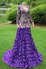 Purple Rose Prom Dresses Sequined V Neck Mermaid Evening Party Dresses Flowers Long Sleeves Pageant Gown