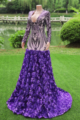 Purple Rose Prom Dresses Sequined V Neck Mermaid Evening Party Dresses Flowers Long Hleeves Pageant Gown