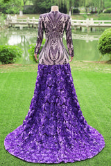 Purple Rose Prom Dresses Sequined V Neck Mermaid Evening Party Dresses Flowers Long Hleeves Pageant Gown