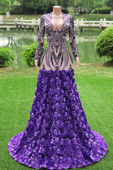 Purple Rose prom jurken lovertjes v nek zeemeermin avondje jurken bloemen bloemen lange mouwen optocht jurk