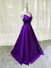 Purple Satin A-line Simple Floor Length Evening Dresses Formal Dresses, Dark Purple Prom Dresses