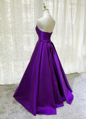 Purple Satin A-line Simple Floor Length Evening Dresses Formal Dresses, Dark Purple Prom Dresses