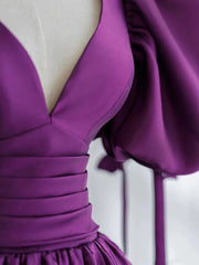 Purple Satin Puffy Sleeves Long Party Dresses, Dark Purple Evening Dresses