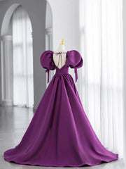 Purple Satin Puffy Sleeves Long Party Dresses, Dark Purple Evening Dresses