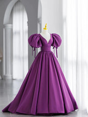 Purple Satin Puffy Sleeves Long Party Dresses, Dark Purple Evening Dresses