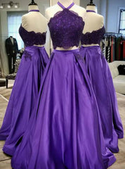 Purple Satin Two Piece Halter Backless Lace Prom Dresses With Pocket