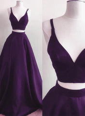 Purple Satin Two Piece Long Party Dresses, A-line Purple Evening Dresses Prom Dresses