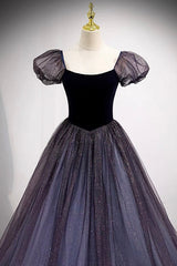 Purple Scoop Tulle Long A-Line Prom Dresses, Lovely Short Sleeve Evening Dresses