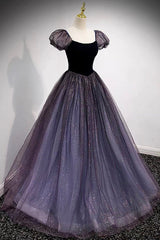 Purple Scoop Tulle Long A-Line Prom Dresses, Lovely Short Sleeve Evening Dresses