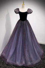 Purple Scoop Tulle Long A-Line Prom Dresses, Lovely Short Sleeve Evening Dresses